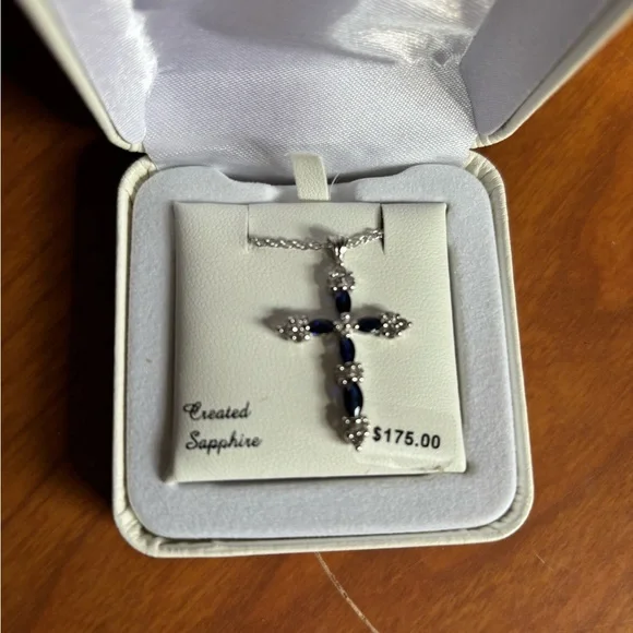 NWT Created Sapphire Cross Pendant Necklace - Picture 2 of 6